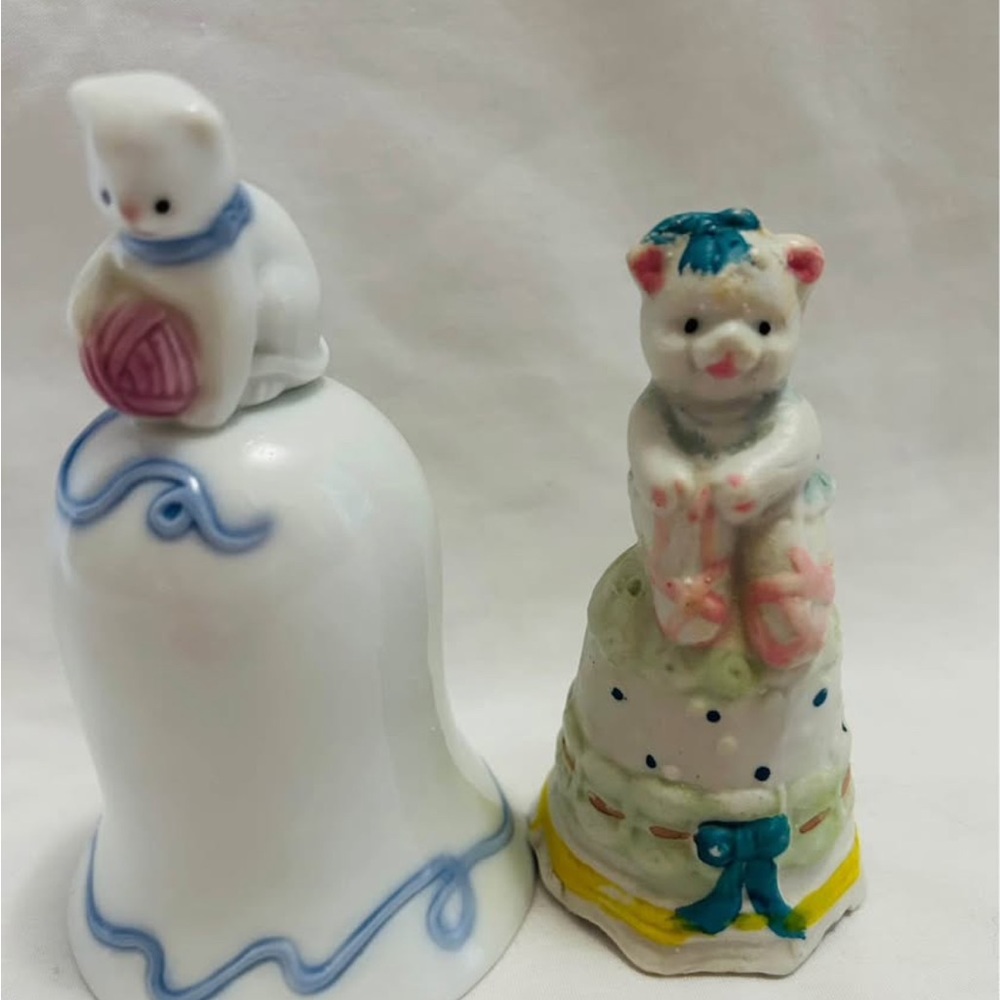 Porcelain Cat & Bear Bell Figurines in White with Pastel Accents
